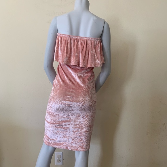 Mono B Pink Velvet Ruffle Trim Off Shoulder Dress - Picture 4 of 7